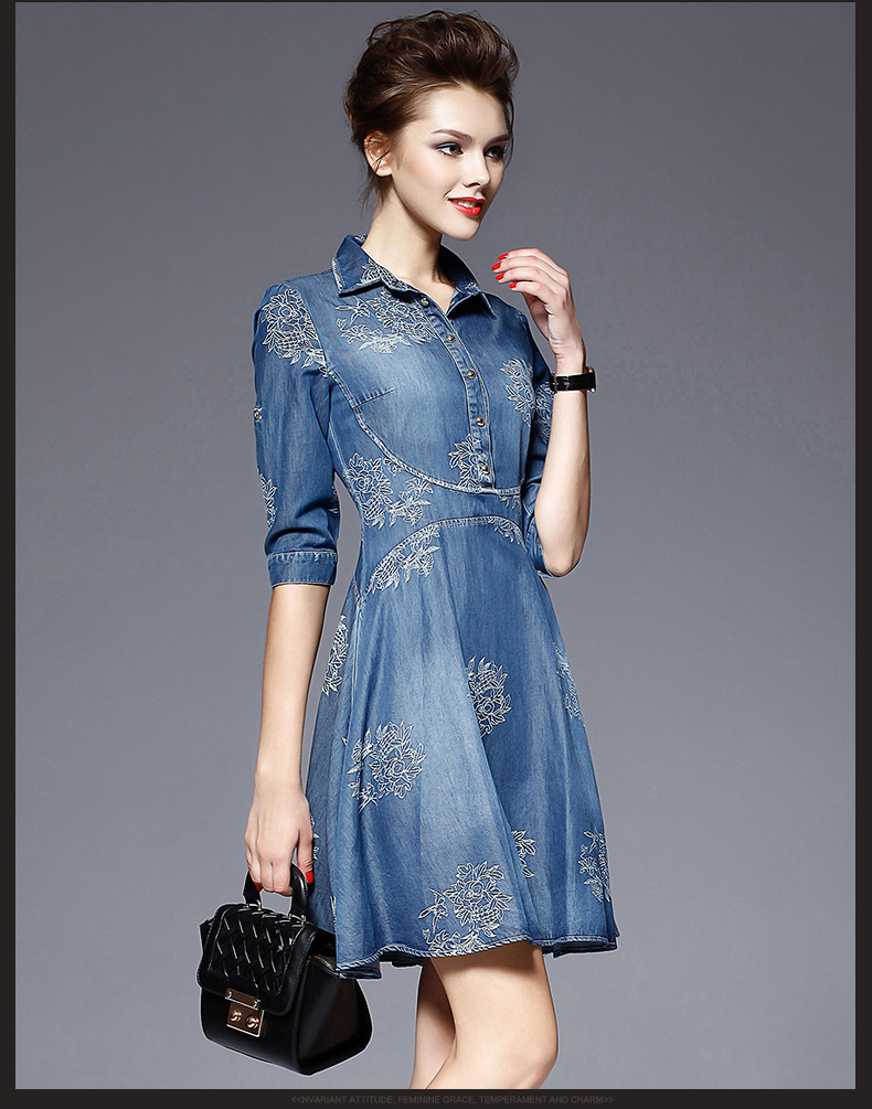 SZ60041 Stylish Embroidery Polo Neck Half Sleeve Denim Midi Skater Dress